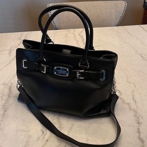 Micheal Kors Hamilton Satchel Handbag Lg Black Pebbled Leather Silver Hardware